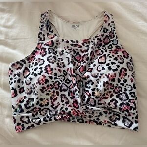 ZELOS White Leopard Print Longline Sports Bra with Seamless Knot Tie Accent